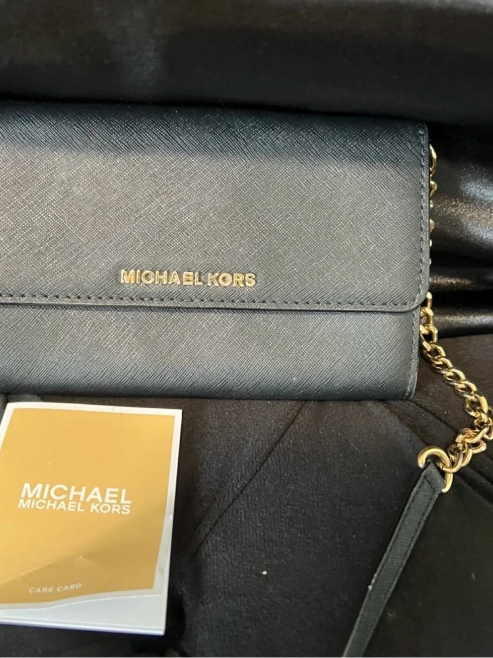 Michael Kors Black Saffiano Leather Crossbody Wallet with Gold Hardware